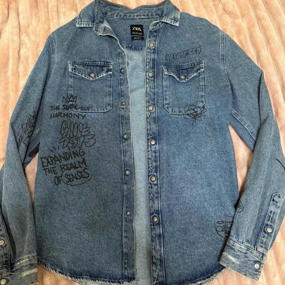 Zara Denim Shirt with Black Graphic Accents